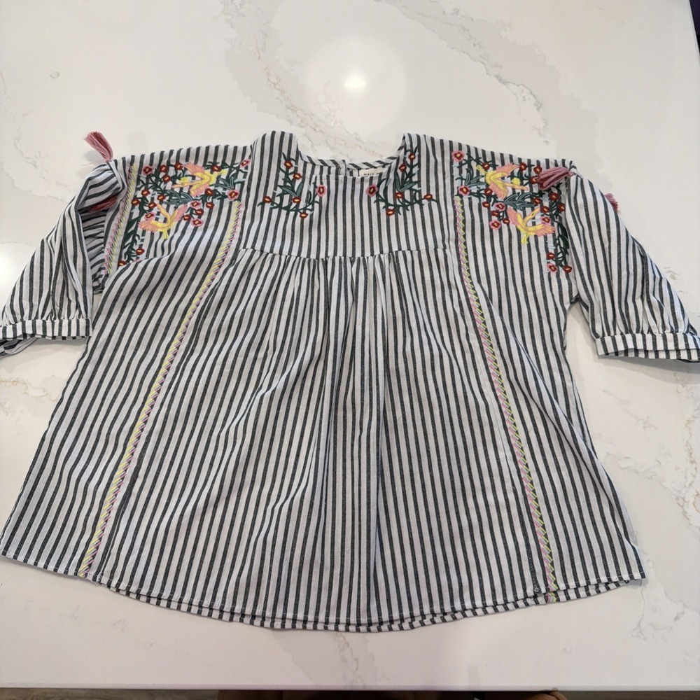 Main Strip Blouse Women Small Black White Excellent Embroidered Bird Tassel Boho